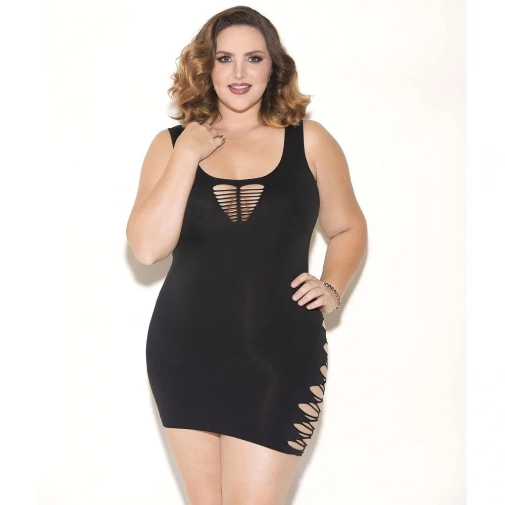 Plus Size Seamless Cut Out Mini Dress Black Nylon Spandex Bodycon Sexy O/S